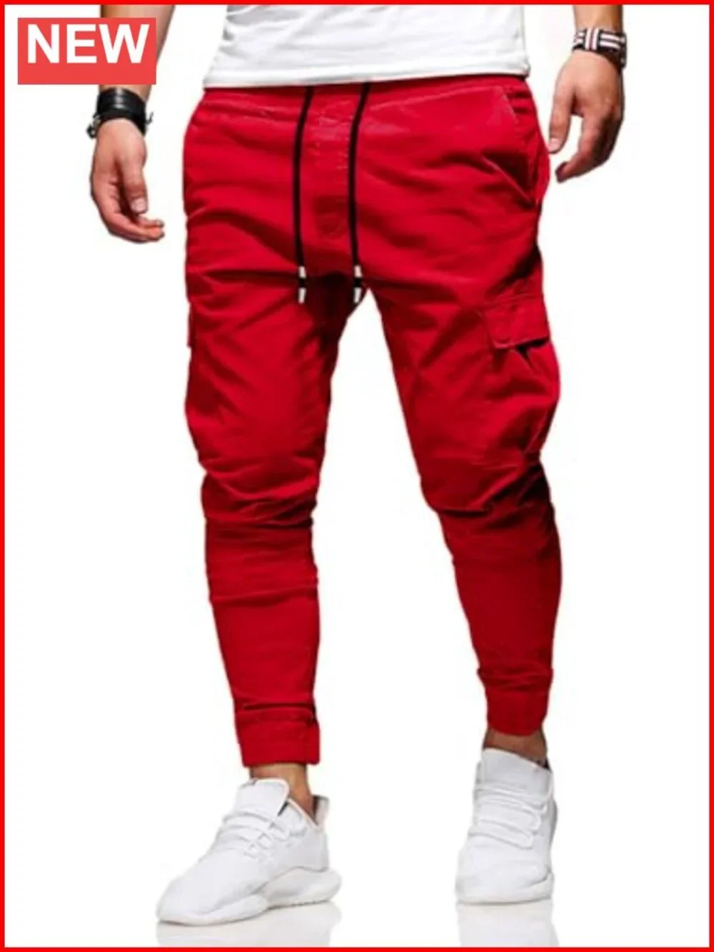 Slim Fit Cargo Pants with Drawstring Elastic Waist Casual Cotton for Men